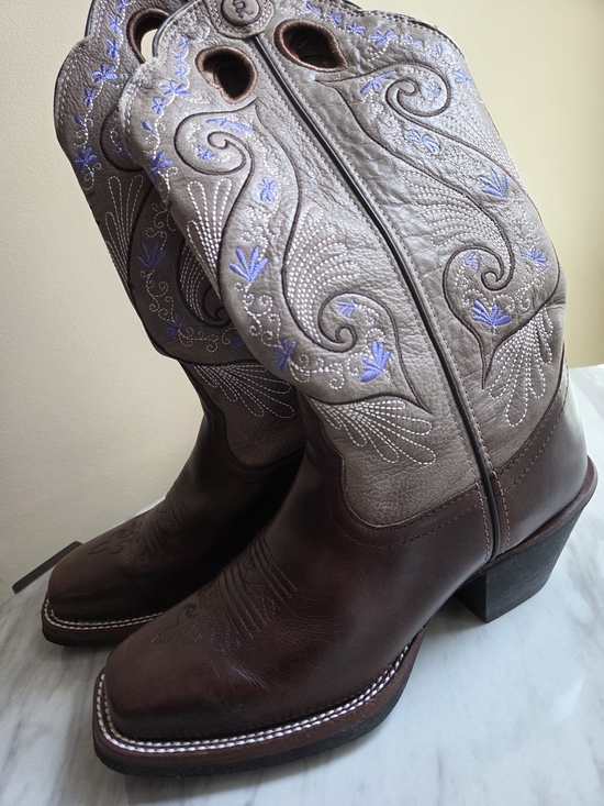 Tony Lama Shoes - Tony Lama Brown Leather Western Boots with Gray Shaft and Lavender Stitching